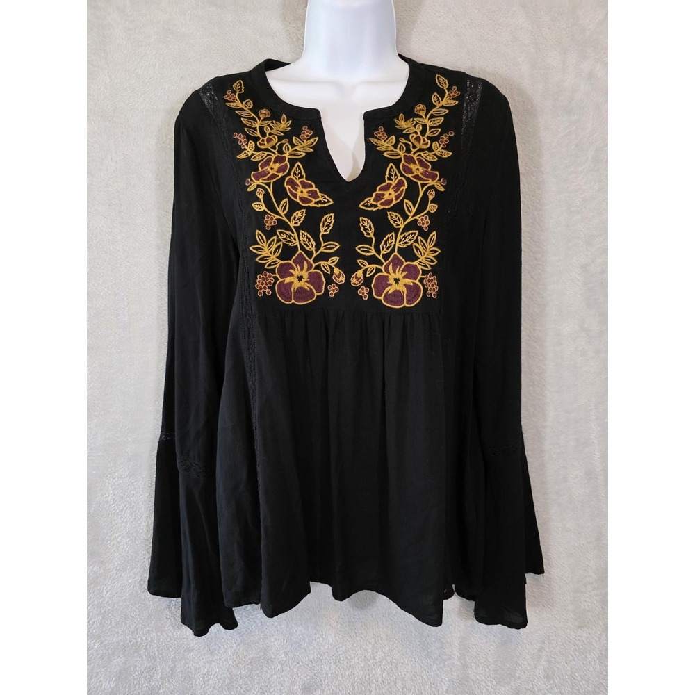 EUC Jodifl‎ Blouse Womens M Black Embroidered Floral Boho Whimsigoth Date Night